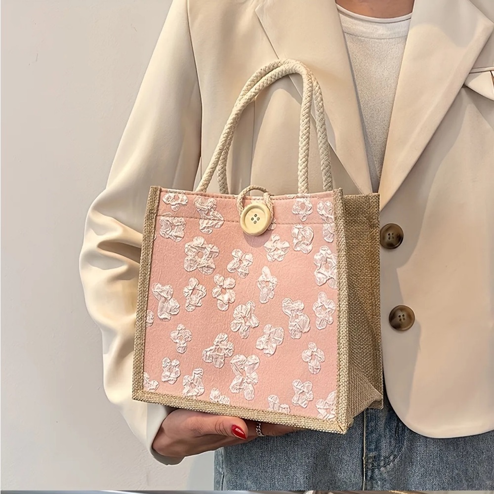 Pink Floral Linen Tote Bag (Sm)